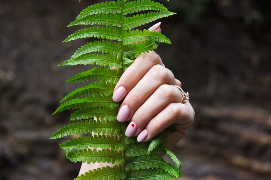 Person with painted nails holding a leaf