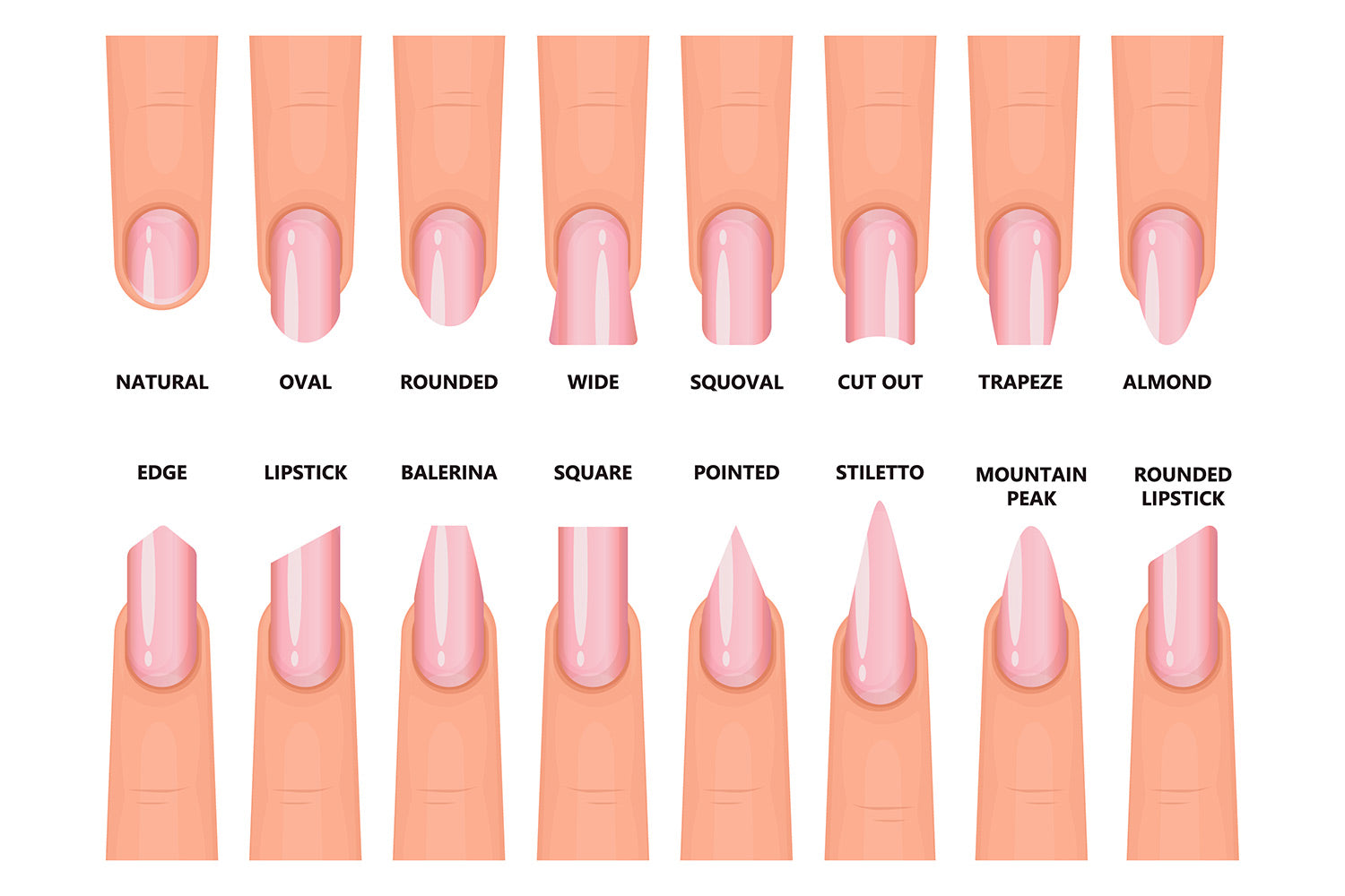 nail-shape-chart-round-oval-squoval-square-pointy-stiletto-nails | Nail  shape chart, Different acrylic nail shapes, Types of nails shapes