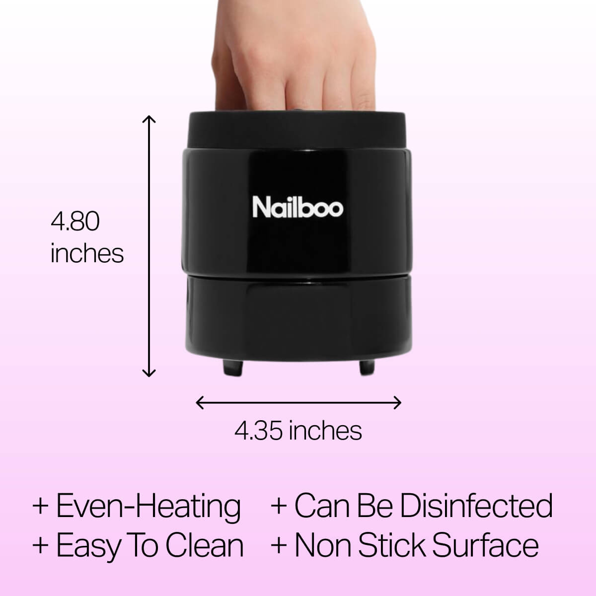 Nailboo manicure set with nail polishes, tools, and promotional offers against a pink background.