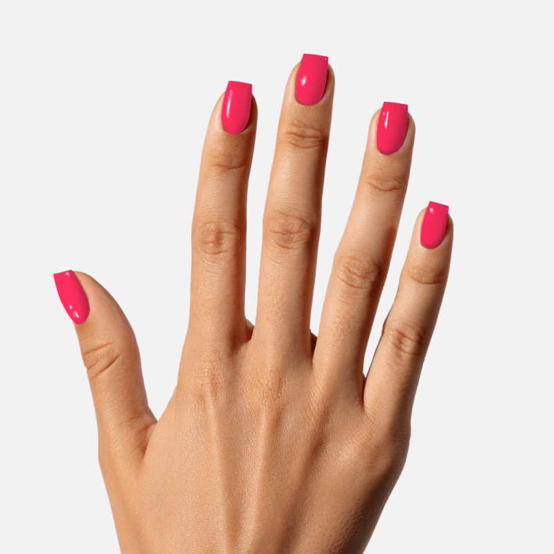 Hand with vibrant pink nail polish on all fingers.