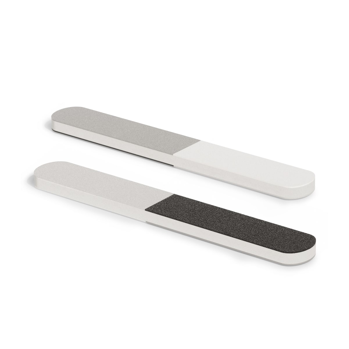 Two double-sided nail files, featuring different grit surfaces on each side.